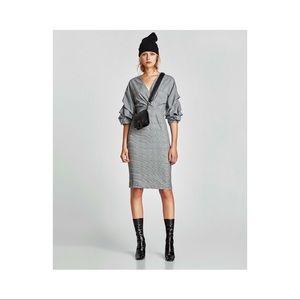 ZARA Checked Shift Midi Dress with Ruffle Sleeves